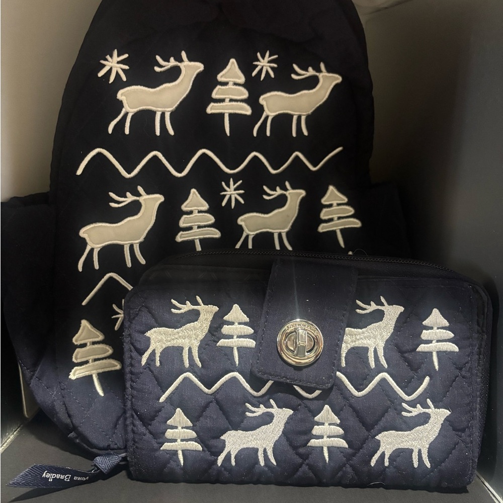 Vera Bradley Black Quilted Backpack with Reindeer Design